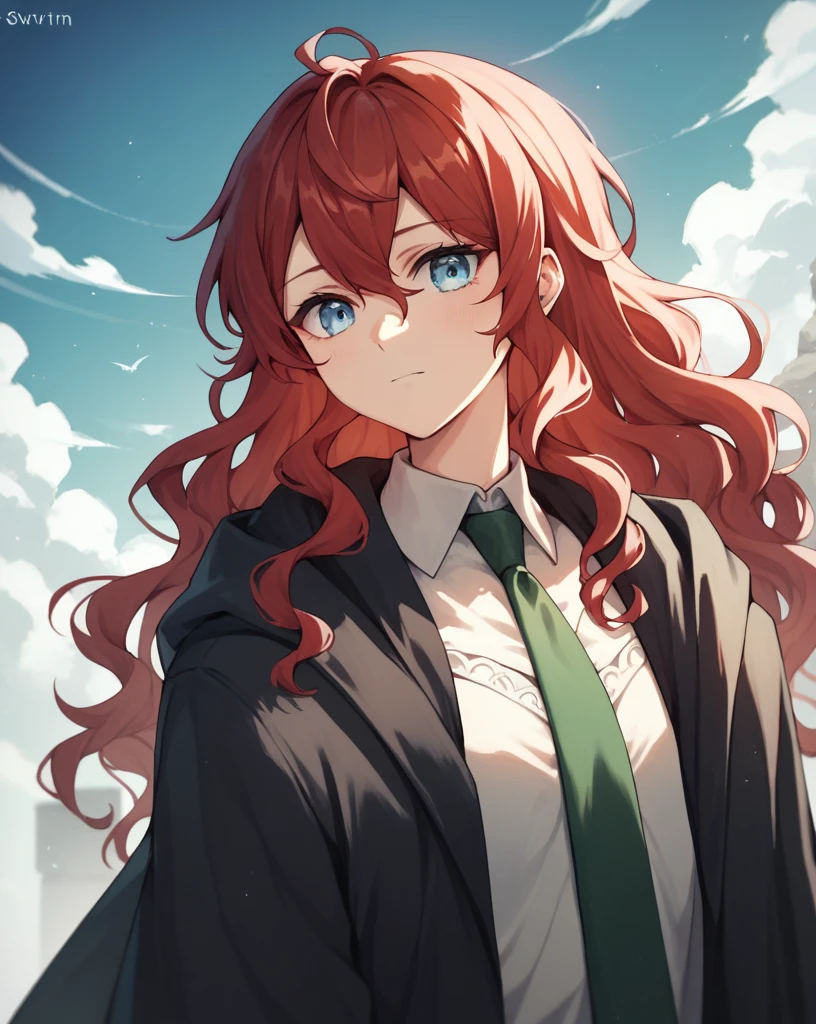 score_9, score_8_up, score_7_up,
1girl, solo, red hair, light blue eyes, black pantyhose, upper body, closeup, big chest, cloak, slytherin, long hair, wavy hair, green and silver tie