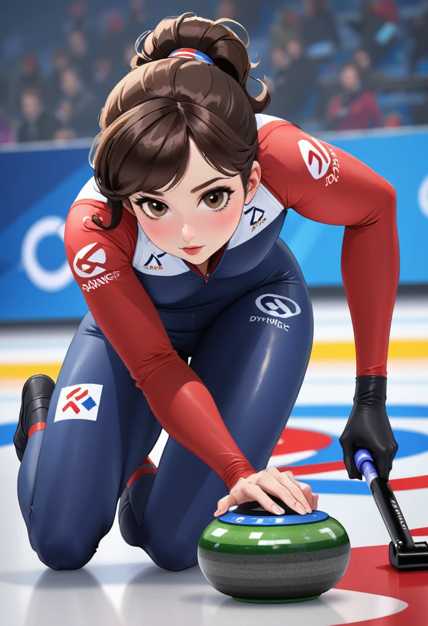 (masterpiece),( best quality), 1girl, on one knee, curling, winter olympics, dynamic angle, sliding on ice