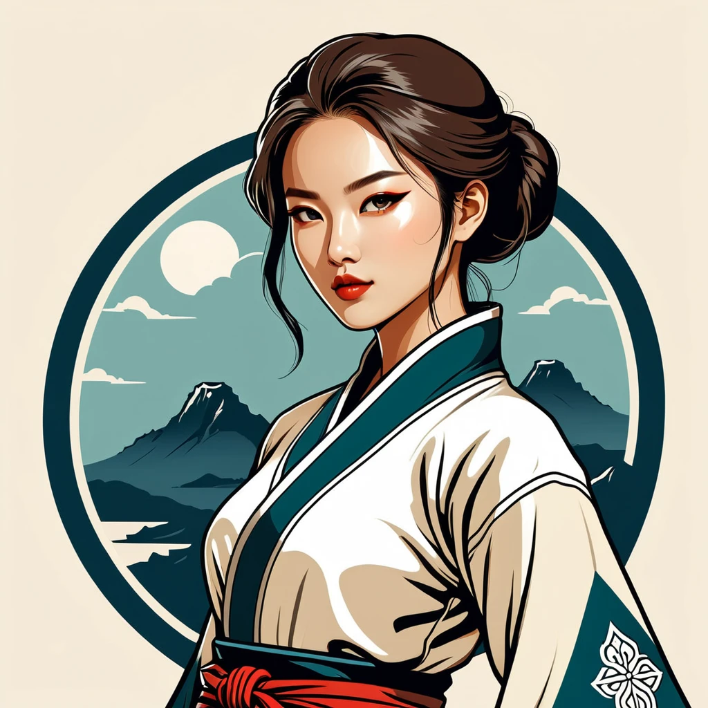 female	rogue	in korean folk outfit	,vector graphics, strong contours, logo design																						