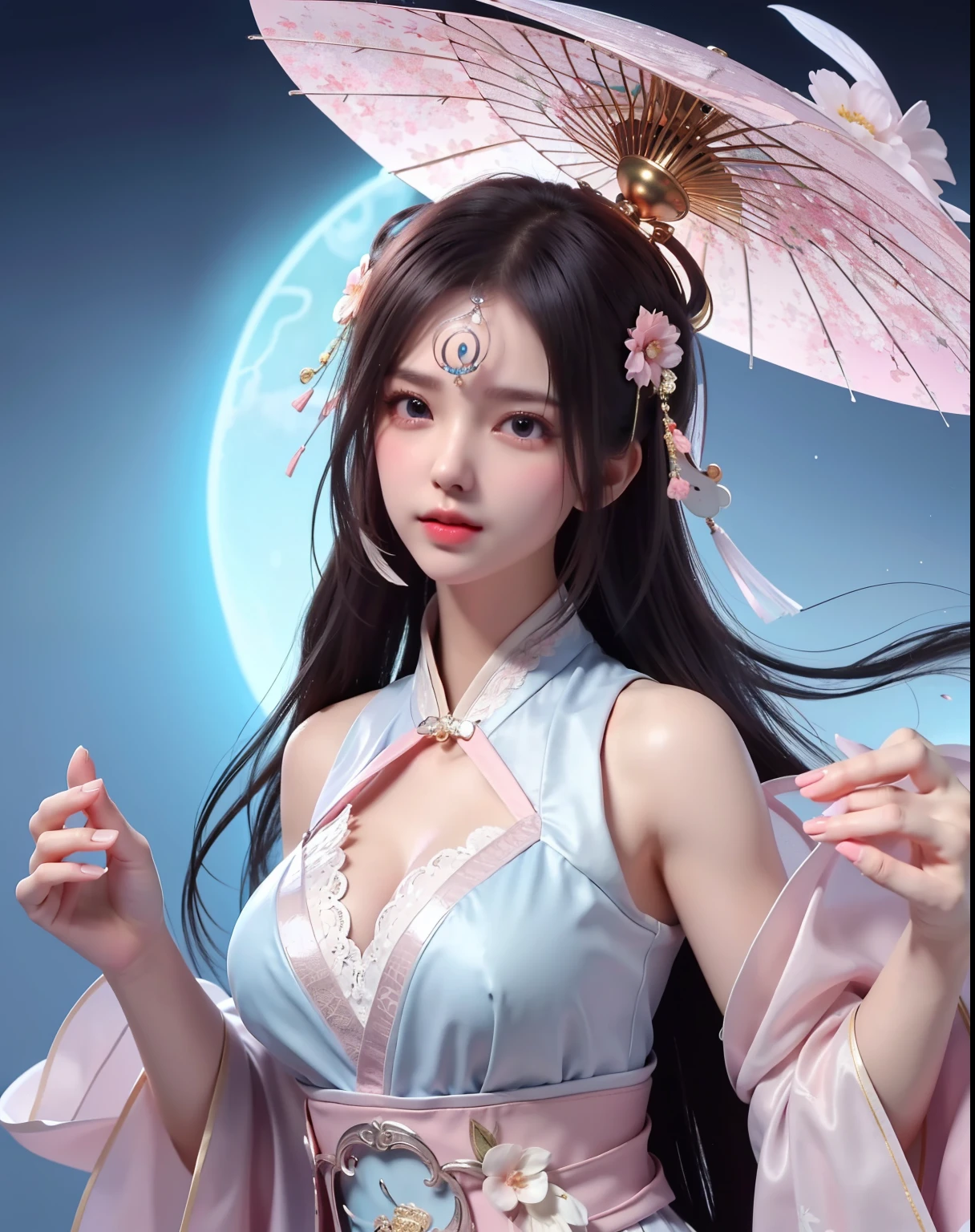 (8k, RAW photo:1.2), best quality, ultra high res,dramatic angle,(fluttered detailed color splashs), (illustration),(((1 girl))),(long hair),(rain:0.9), (Headdress:1.4),There is an ancient palace beside the girl,Hanfu,(Key Points),Color ink painting,(Splash of Color),Splash of Color,(((colorful))),(sketch:0.8) , Masterpiece, best quality, beautiful painted, highly detailed,(denoising:0.6),[splash ink],((ink refraction)), (beautiful detailed sky),moon,highly,detaild,(masterpiece, best quality, extremely detailed） CG Unity 8k Wallpaper，masterpiece，best quality，Ultra Detailed），（Lycoris）. hanfu open v   open V-chested clothes Thin silk lace dress , (huge ，cleavage),, white pinkand gren，best qualtiy，tmasterpiece，Ultra-high resolution，（Reality：1.4），RAW photogr，（True skin texture：1.3），（filmgrain：1.3），（Selfie angle），1个Giant Breast Girl，Beautiful eye and face details，tmasterpiece，Best quality at best，，The chest more exposed， detailed hair, bra pink , detail 8k, upper body, lace petticoat