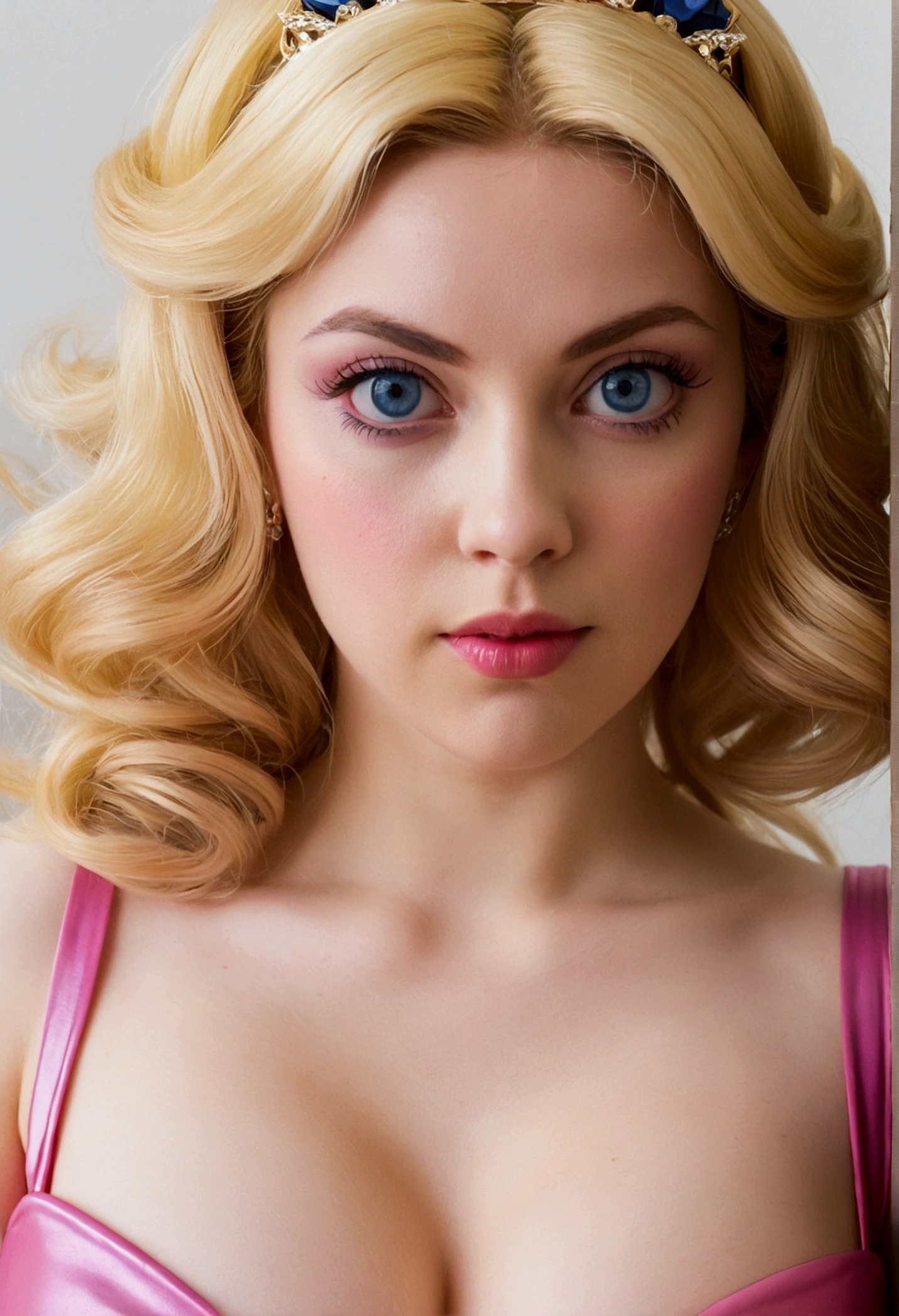 Princess Peach with blue eyes, meticulously detailed, Retrato princess peach, blonde hair and big eyes., photo of a dominant princess peach from below , camera eye, Violet Myers, without makeup, Natural makeup, looking directly at the camera, artgram face, subtle makeup, Stunning full body photos, in room, No,full node, dominant finding, financial dominatrix, financial seductress, tempting with her heel on your small cock