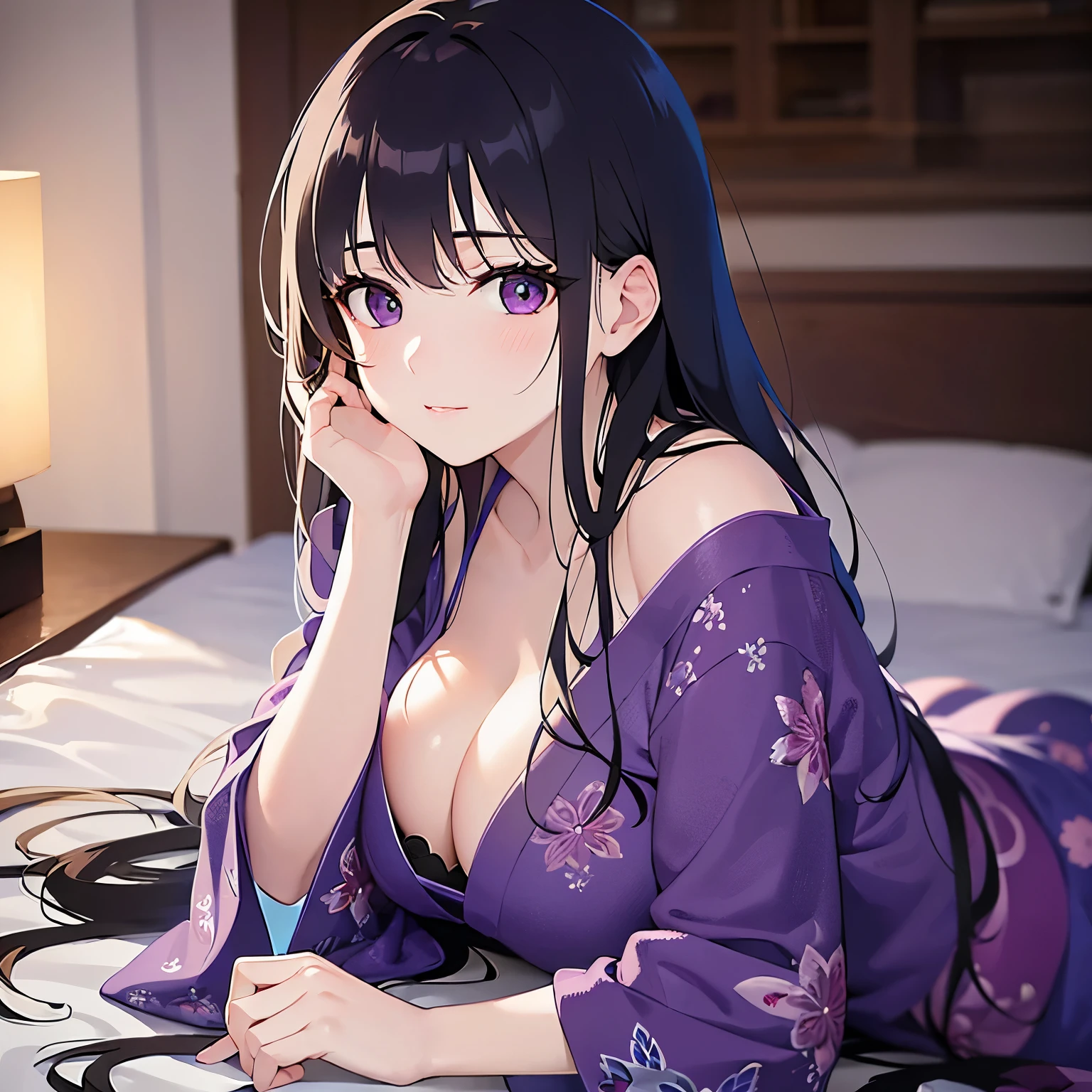 closed eyes: (narrowed eyes:1.3):11、on stomach, lying
Realistic, real person, (pale skin: 1.2), RAW photo, photorealistic, shiny skin, shiny hair、
(A 25-year-old woman with straight hair and bangs) and (medium hair) and (black hair) and (purple eyes) ,
(purple) and (yukata),Cleavage、blush,The background is a futon at night