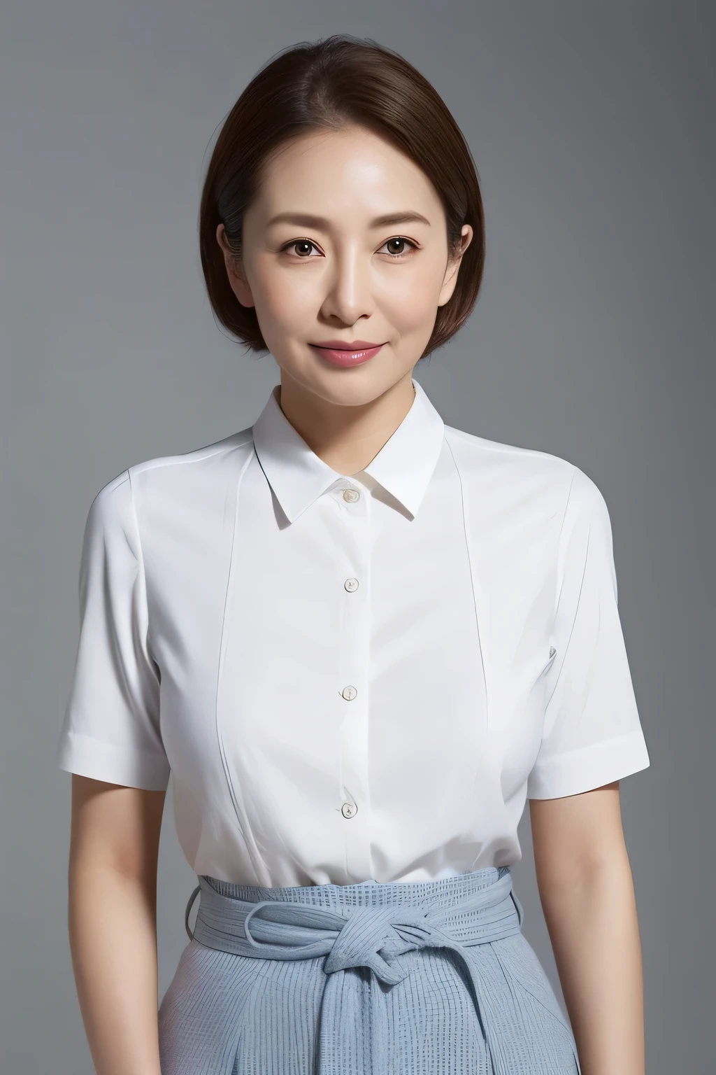 High resolution、high resolution、High definition、masterpiece、Textured skin、Anatomically very accurate、sharp、
Gray background,
((Japanese middle-aged、90 years old))、solo、((Facial wrinkles))、Shapely large breasts、Straight light brown hair reaching to the shoulders、Chubby body type,
(((Stand upright facing the center of the screen)))、Mouth closed, serious face, looking straight ahead、
White summer blouse with buttoned collar、Light blue summer skirt、((Cowboy Shot))、

