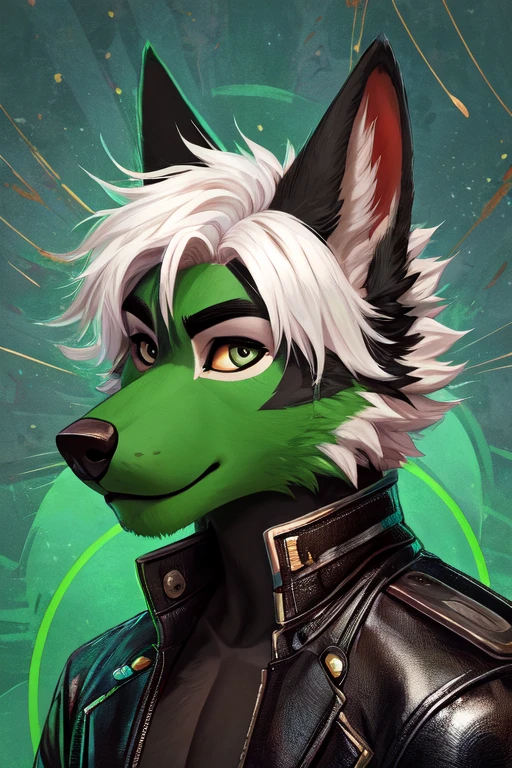 Create pictures of a furry wolf. It is black, its ears are green, and there is white hair between its ears. Its eyebrows are circles and lines under its eyes. It wears white leather clothes and carries a we