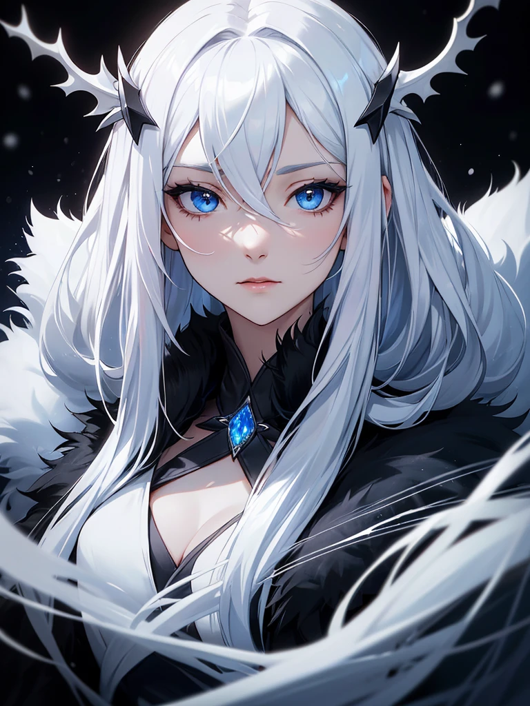 (((Portrait Photo))), She has the Appearance of a Cold and Elegant Woman, with a Slim, Slender Build, Exuding Grace and Poise. Her Extremely Long Silvery White Hair Falls Gracefully Over Her Figure, Reflecting a Subtle Icy Luminescence. Her Piercing Blue Eyes Hold a Depth of Intelligence and Enigmatic Allure, Captivating Anyone Who Meets Her Gaze. Her Expression is Calm and Composed, with a Hint of Intrigue and Quiet Strength, Reflecting Her Dignified Presence and Unyielding Spirit. (((Dark Background))), (((Portrait Photo))), (((Crisp White Shirt))), (((Black Winter Fur Coat with Fluffy Sleeves))), (((Hair Between Eyes))), (((Winter Hair Ornaments)))