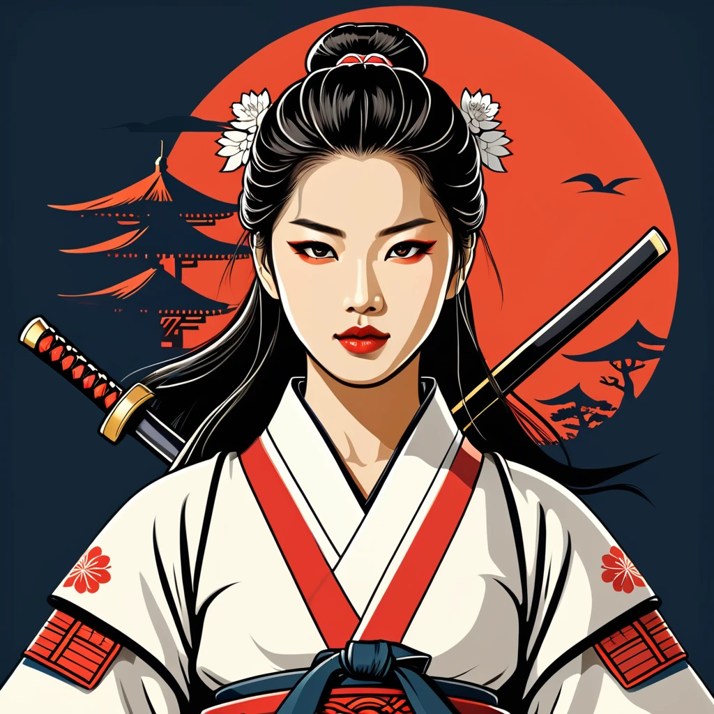 female samurai in korean folk outfit ,vector graphics, strong contours, logo design