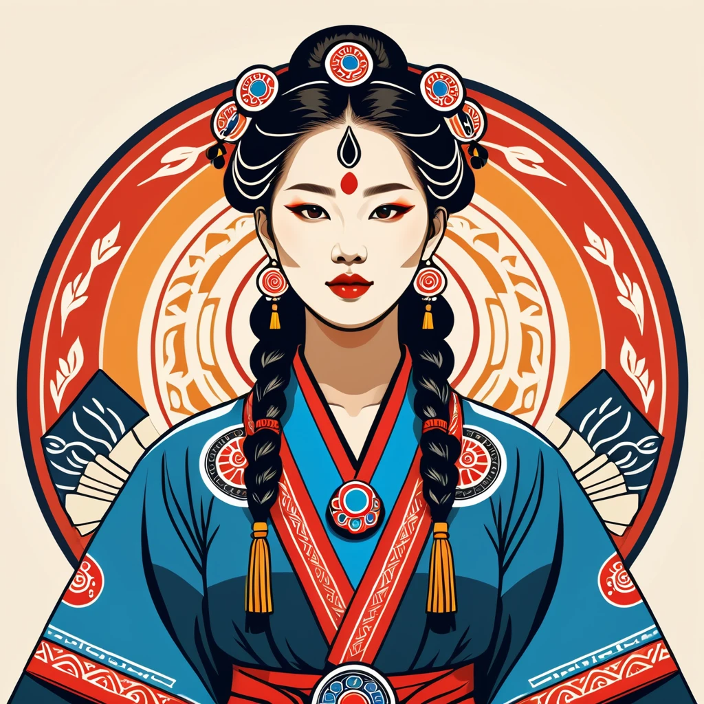 female	shaman	in korean folk outfit	,vector graphics, strong contours, logo design																						