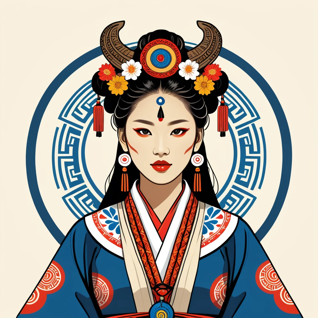 female shaman in korean folk outfit ,vector graphics, strong contours, logo design