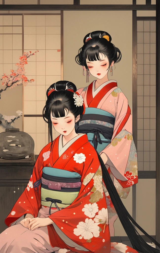 two women are in two kimono costumes sitting in their room, japanese clothes, hair ornament, kimono, kanzashi, looking down, flower, floral print, multiple girls, sash, hair flower, obi, 2girls, black hair, hair stick, lantern, half-closed eyes, bangs, sitting