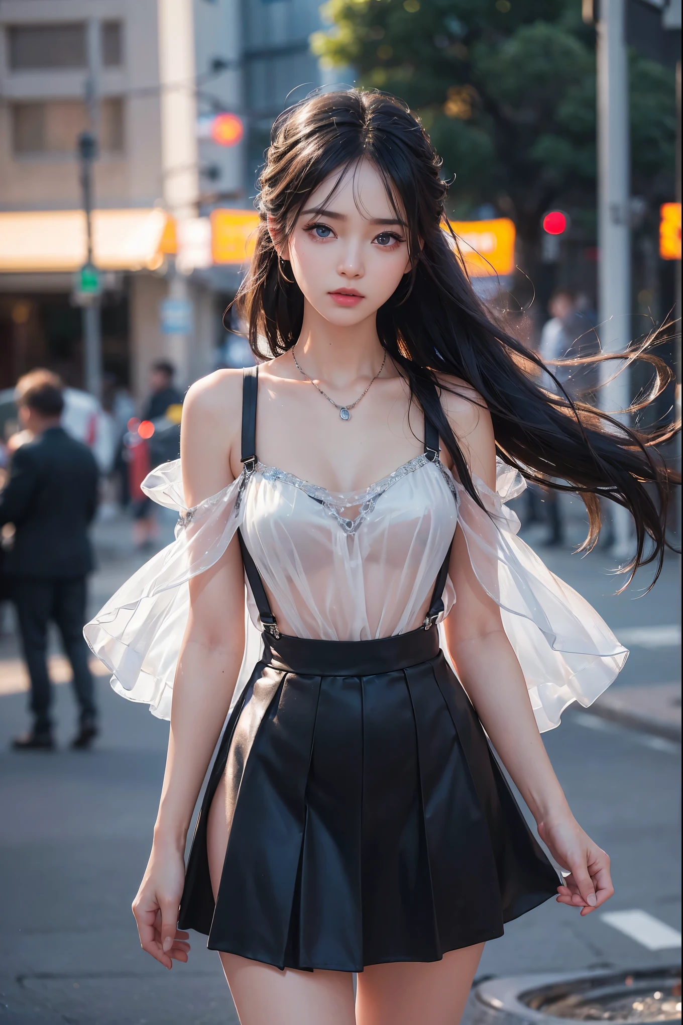 (Reality,photo lifelike, Ultra HD:1.2),(EOS R8, 50 mm, f1.2, 8K, RAW photos:1.2) 1 Girl,full_Body,Highly realistic,Glassy translucent,Fleeting details,Overhead spotlight beam,National Wind,Jewelry,Suspenders_skirt,