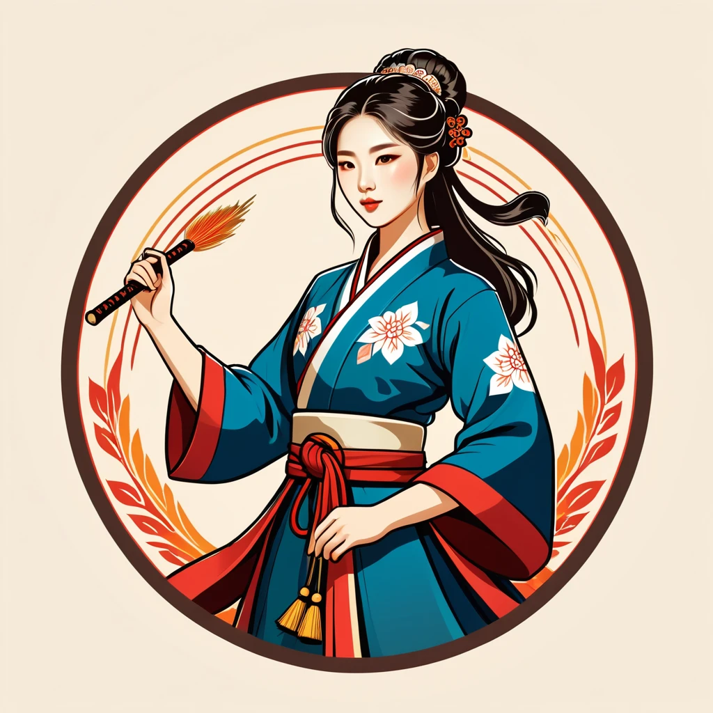 female	summoner	in korean folk outfit	,vector graphics, strong contours, logo design																						
