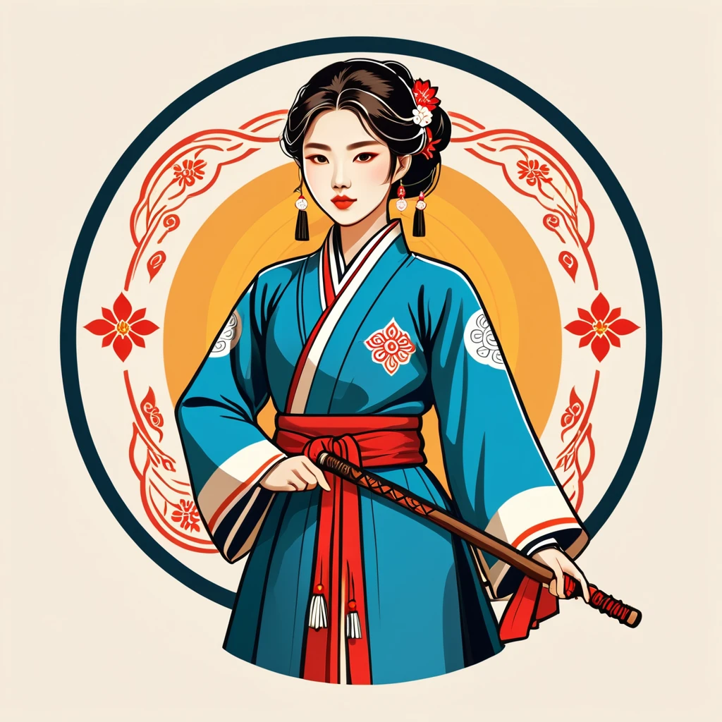 female summoner in korean folk outfit ,vector graphics, strong contours, logo design