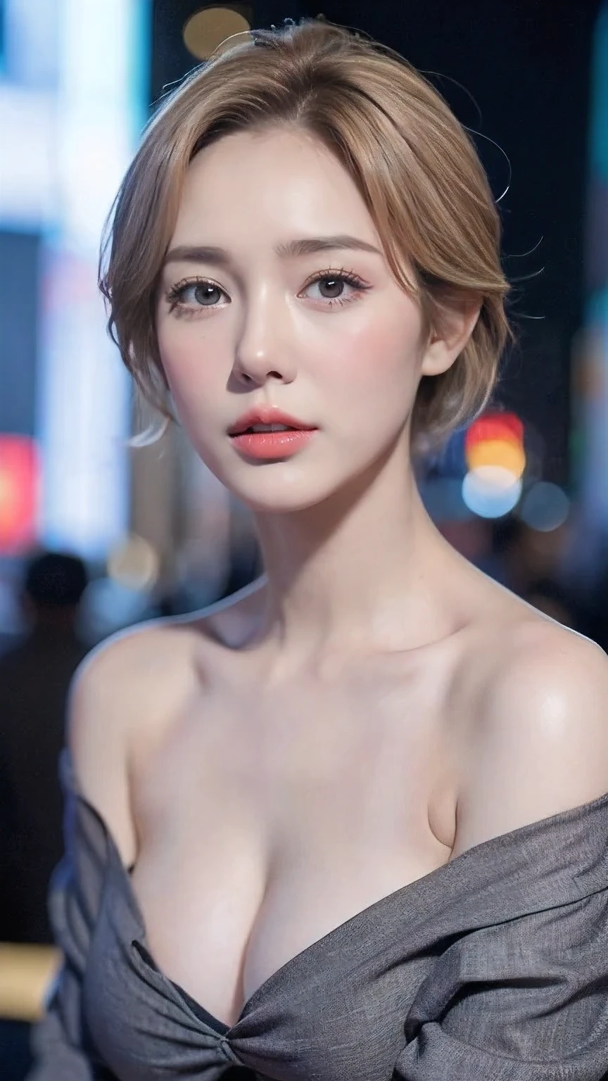 ((Night Scene, Realistic Light, Best Quality, 8k, Masterpiece: 1.3)), 1 Girl, Slim Body Beauty: 1.4, Blonde, Short Hair, (Big: 1.3), Off Shoulder Cut Top: 1.3, Ultra Detailed Face, Detailed Eyes, Double Eyelids, NYC, Times Square, Cleavage