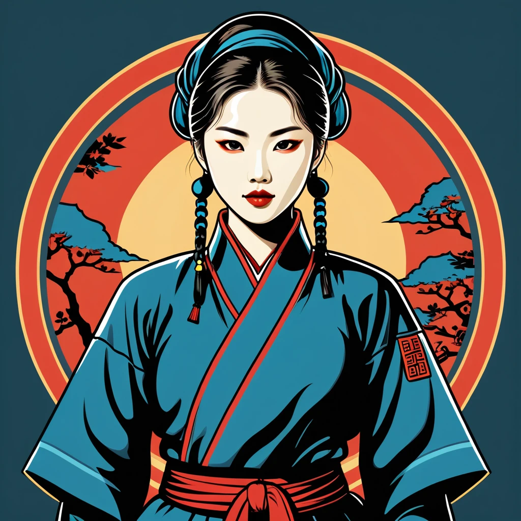 female	thief	in korean folk outfit	,vector graphics, strong contours, logo design																						