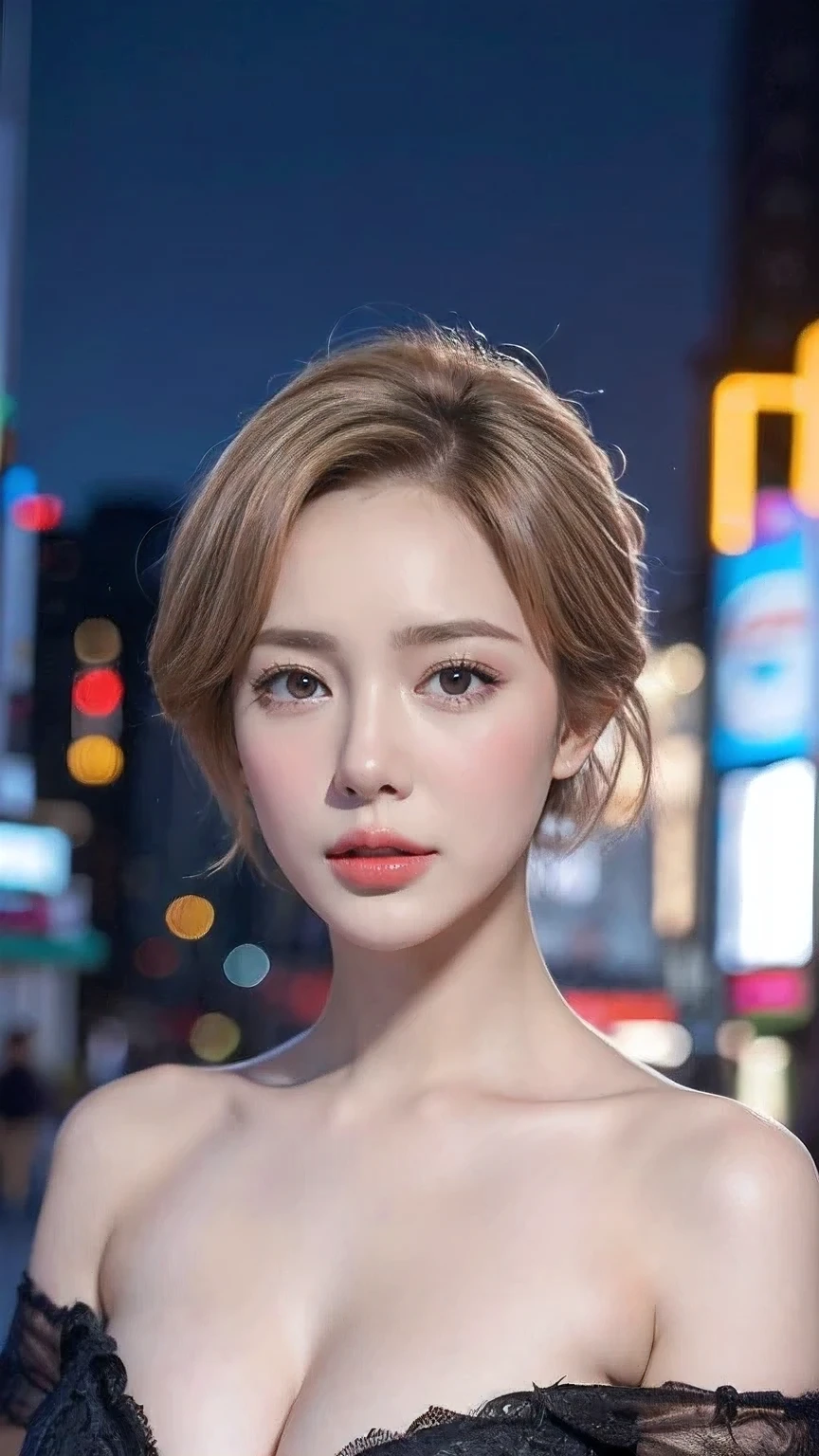 ((Night Scene, Realistic Light, Best Quality, 8k, Masterpiece: 1.3)), 1 Girl, Slim Body Beauty: 1.4, Blonde, Short Hair, (Big: 1.3), Off Shoulder Cut Top: 1.3, Ultra Detailed Face, Detailed Eyes, Double Eyelids, NYC, Times Square, Cleavage