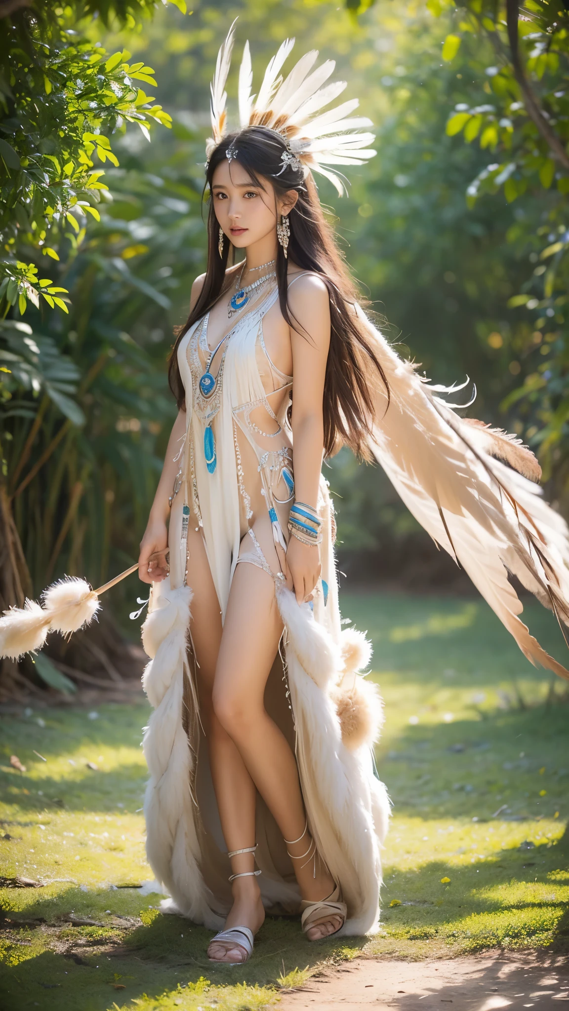 Exotic beautiful native American princess, female,very small revealing dress made with feathers, magic, alluring, sultry, full-length, female-body, hazel-eyes, bright, , OverallDetail. beautiful blurry background, perfect face and eyes, hyper-detailed hypermaximalist dynamic