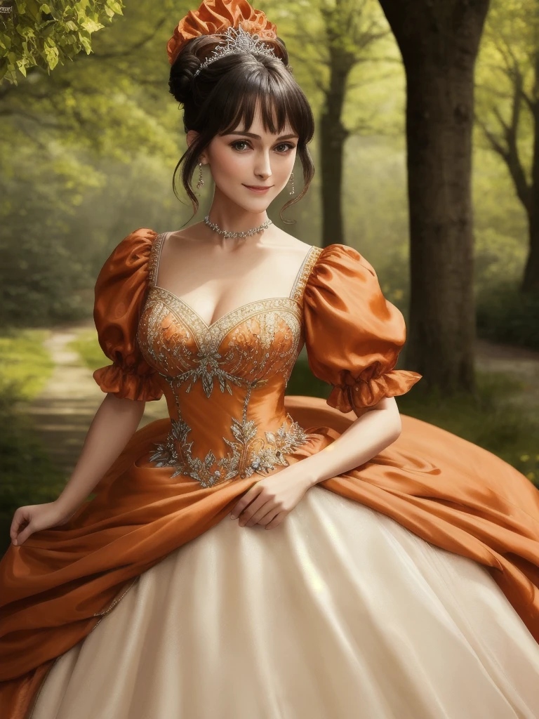 Masterpiece, absurdres, fine detail, HDR, highly detailed face and eyes, photorealistic, smiling, open mouth excited,ballgown, keira knightley in a orange and white silk dress standing in front of a tree , wearing a ballgown,big breasts, detailed face, long eyelashes, colorful eye shadow, colorful makeup, 4k,8k,very tiny waist,full body photography,hair bun,black hair,fullbody photo 