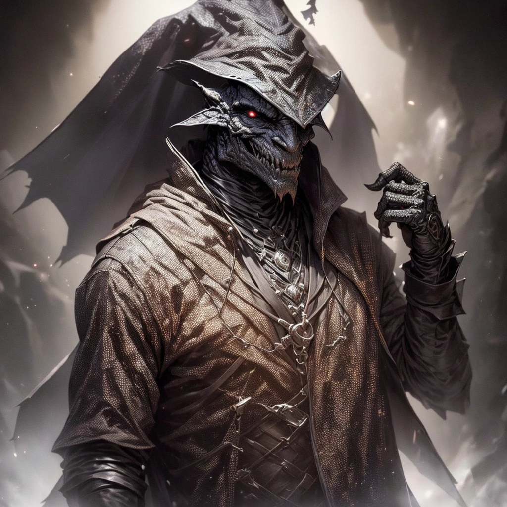 "Create an intriguing image of a supernatural creature, non-human.. Subject - a man wearing a scarecrow hat., Dressed entirely in black, especially with gloves and boots. He exudes a demonic visage, the gaze of a necromancer, representing a supernatural carnivorous creature. Enjoy exceptional camera quality (RSEEmma:1.5) highlight every detail of the dark suit and demonic features in high definition. Set up cinematic lighting, to enhance the dark tones of the scene., with slightly elevated twilight, adding a mysterious and sinister atmosphere. This image is intended to convey the menacing and supernatural presence of the entity., with realistic details and stunning visual quality. It will be aimed at the audience, which appreciates the fantastic and artistic aspect of supernatural performances.."