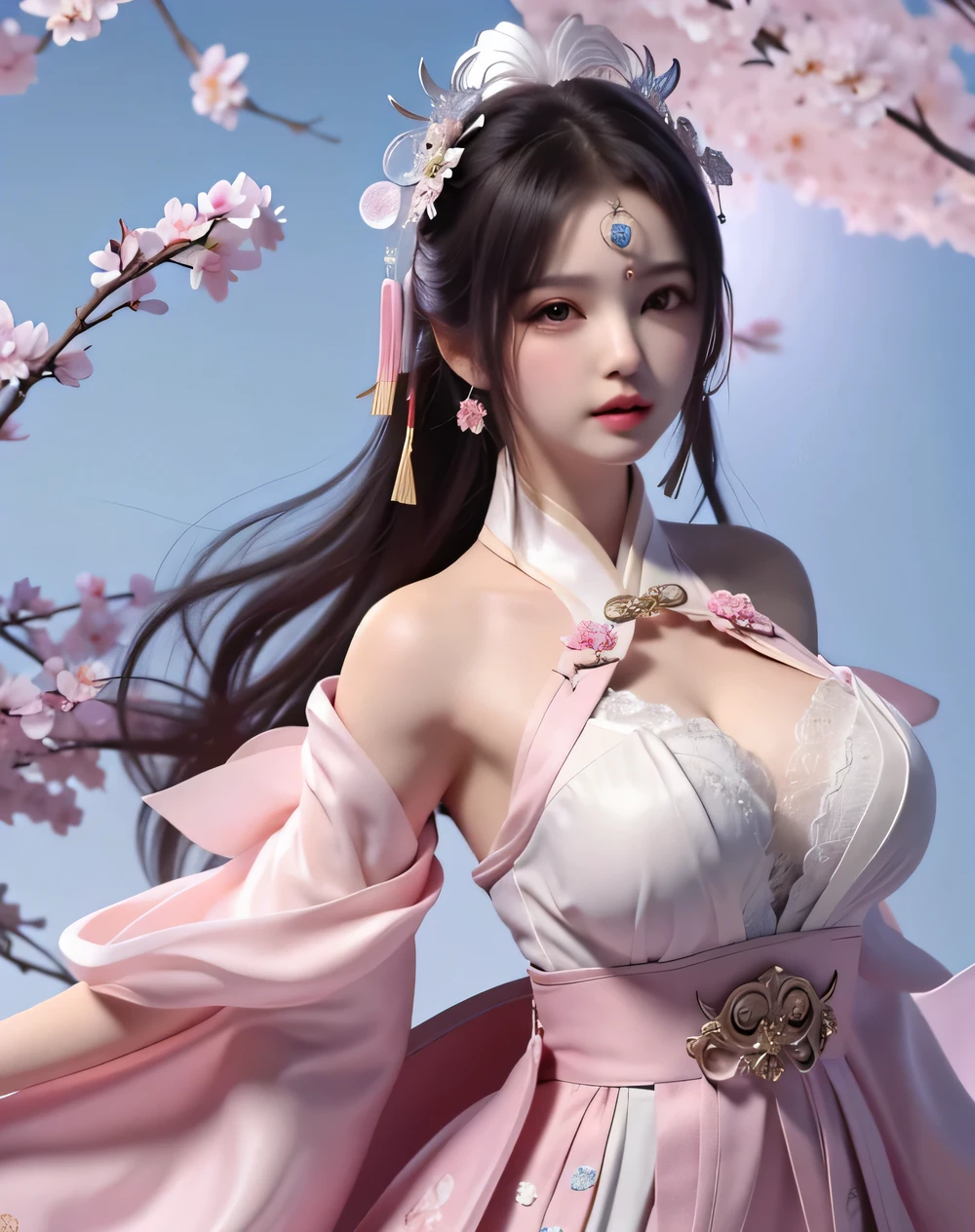 (8k, RAW photo:1.2), best quality, ultra high res,dramatic angle,(fluttered detailed color splashs), (illustration),(((1 girl))),(long hair),(rain:0.9), (Headdress:1.4),There is an ancient palace beside the girl,Hanfu,(Key Points),Color ink painting,(Splash of Color),Splash of Color,(((colorful))),(sketch:0.8) , Masterpiece, best quality, beautiful painted, highly detailed,(denoising:0.6),[splash ink],((ink refraction)), (beautiful detailed sky),moon,highly,detaild,(masterpiece, best quality, extremely detailed） CG Unity 8k Wallpaper，masterpiece，best quality，Ultra Detailed），（Lycoris）. hanfu open v   open V-chested clothes Thin silk lace dress , (huge ，cleavage),, white pinkand gren，best qualtiy，tmasterpiece，Ultra-high resolution，（Reality：1.4），RAW photogr，（True skin texture：1.3），（filmgrain：1.3），（Selfie angle），1个Giant Breast Girl，Beautiful eye and face details，tmasterpiece，Best quality at best，，The chest more exposed， detailed hair, bra pink , detail 8k, upper body, lace petticoat