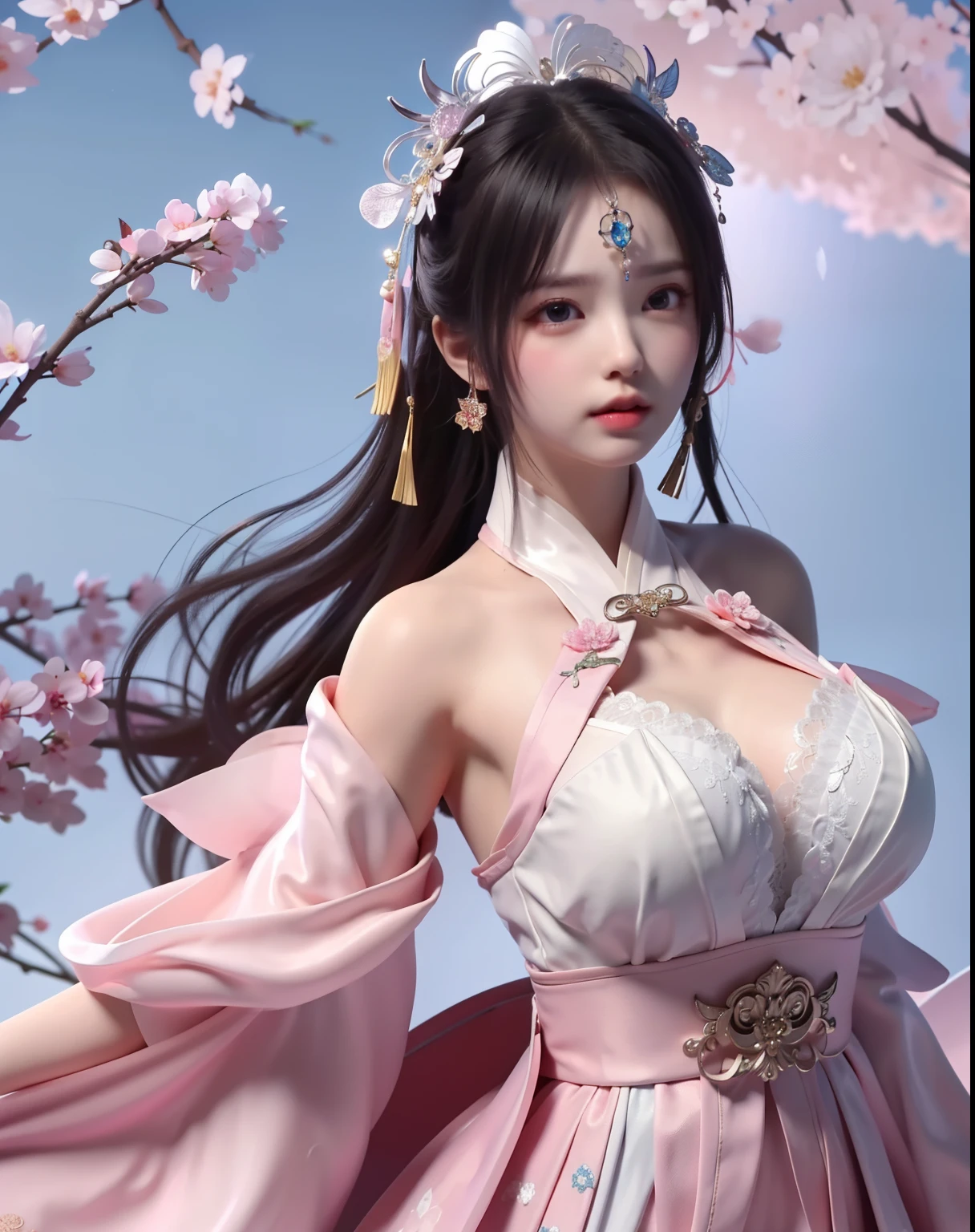 (8k, RAW photo:1.2), best quality, ultra high res,dramatic angle,(fluttered detailed color splashs), (illustration),(((1 girl))),(long hair),(rain:0.9), (Headdress:1.4),There is an ancient palace beside the girl,Hanfu,(Key Points),Color ink painting,(Splash of Color),Splash of Color,(((colorful))),(sketch:0.8) , Masterpiece, best quality, beautiful painted, highly detailed,(denoising:0.6),[splash ink],((ink refraction)), (beautiful detailed sky),moon,highly,detaild,(masterpiece, best quality, extremely detailed） CG Unity 8k Wallpaper，masterpiece，best quality，Ultra Detailed），（Lycoris）. hanfu open v   open V-chested clothes Thin silk lace dress , (huge ，cleavage),, white pinkand gren，best qualtiy，tmasterpiece，Ultra-high resolution，（Reality：1.4），RAW photogr，（True skin texture：1.3），（filmgrain：1.3），（Selfie angle），1个Giant Breast Girl，Beautiful eye and face details，tmasterpiece，Best quality at best，，The chest more exposed， detailed hair, bra pink , detail 8k, upper body, lace petticoat