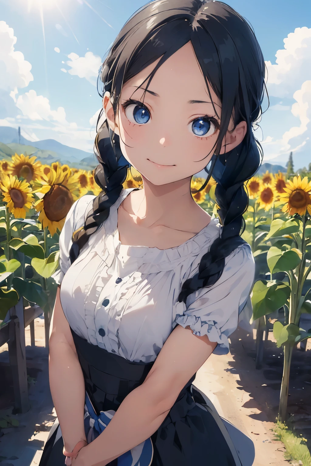 ((Highest quality)), ((masterpiece)), (detailed), (Japanese),, Black Hair,(Childish face), (twin braids), Girl ,Medium Breasts, (Naked), ((Blue eyes)),half-smile , Sunlight, from_behind, ((arched back)), (extreme_close_up) ,upper body ,Sunflower field ,Frill apron,