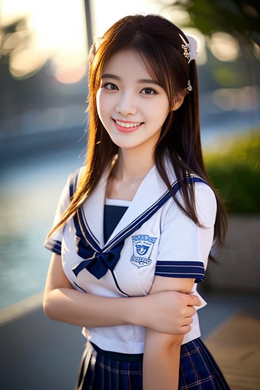 ((((full bodyesbian)))、((Girls' High School Uniforms))、((1a person)), ponytail hair、bob hair、Close to the subject、((Han River))、(((smile)))、(((Girls' High School)))、((a beauty girl))、((sexy pose))、Photorealsitic、Beautiful detailed face, Beautiful detailed eyes、Hyper-Realism、high contrast、Ultra HD、realistic skin textures、Top image quality、top-quality、超A high resolution、Fine details、Very meticulously、ample round bosom, big chest, the_cowboy_shot, bokeh night background)
