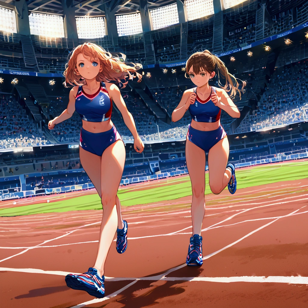 score_9, score_8_up, source anime, official art, 8k, ultra-detailed,very aesthetic, absurdres, perfect anatomy, dramatic angle, multiple girls, women athletes running in the track, Olympic, outdoor, stadium, cinematic lighting, newest, Perfect Hands