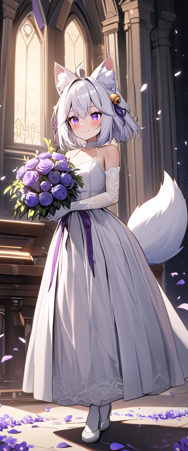 UHD, masterpiece, best quality, ((night)), cloudy, soft light, moonlight, church, altar, 1girl, solo, full body, Filian, fox tail, small cat ears, white hair, short hair, ahoge, hairclip, hair bell, waist length pony tail, deep violet eyes, blush, happy smile, a-line wedding dress, white veil, white lace arm sleeves, white gloves, white lace stockings, white high heals, slim arms, slim legs, Eye-Level Shot, holding bridal bouquet with purple ribbon, ((hidden hand)), front view, full body pose, standing up, cross legs, innocent pose, scattered flower petals, ((petals falling)