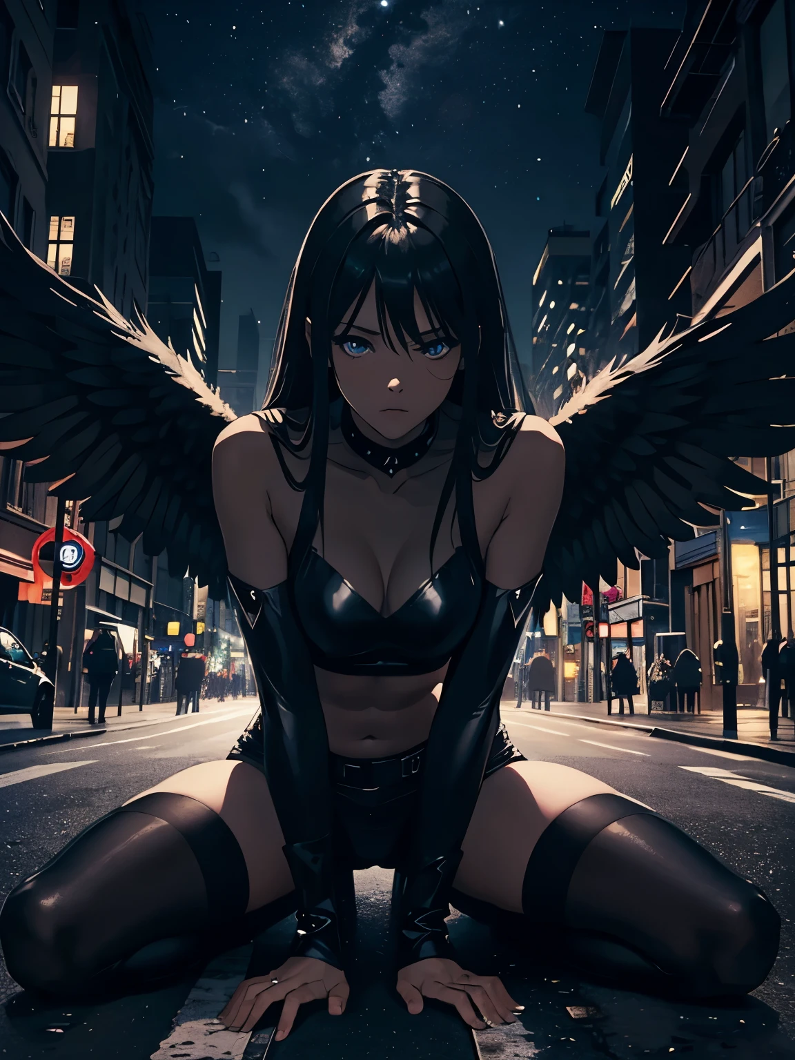 Gabriel the fallen angel sitting on the ground,Giant black angel wings,Dark Angel,Blackwing Angel,4 winged angels,Eyes on the ground,Black female angel,Background city night street,Dark Street