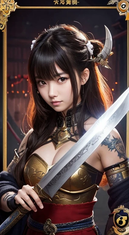 20Year、beautiful,、Cute Girls、Warrior、dragon tattoo on arm、Hold the Japanese sword in front of your body、Draw your sword and prepare、Sharp eyes、enemy'The blood is flowing to his cheeks、In the woods、Swordsman、Tattoo of a rose on the chest、blonde、short hair、Realistic Face、Swing your sword down、Delicate eyes、Laugh a little、