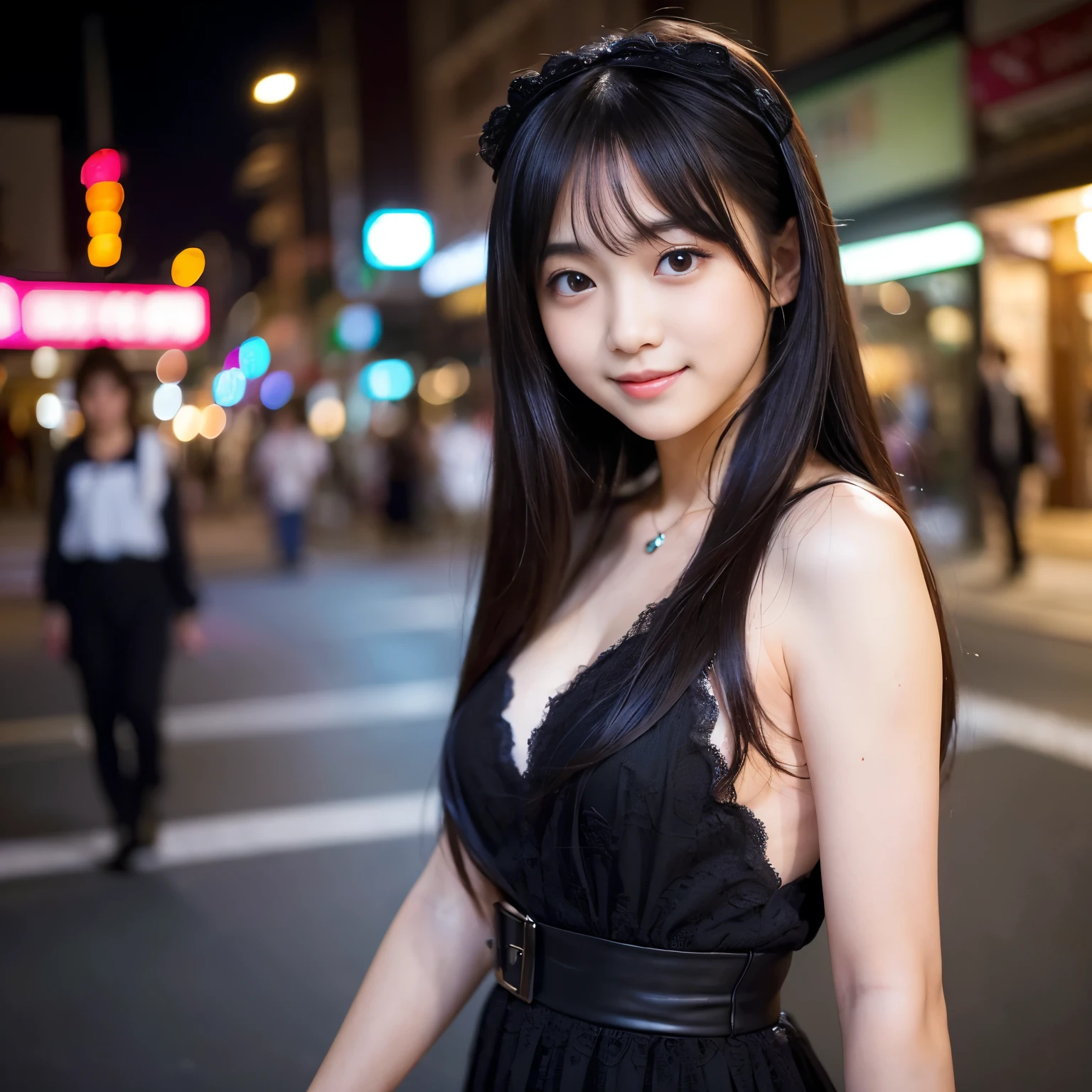 (Best-quality, Masterpiece, Ultra-High-Resolution, (Photorealistic:1.4), Raw Photo, depth of field, professional lighting, perfect anatomy, extremely details), (at midnight, on Japanese-main-street), 1girl, -yeld, thost famous Japanese idol, (wearing gorgeous-dress with sexy- design), walking, (((innocent smile))), ((((extremely beautiful and extremely realistic skins)))), (extremely cute face like the most popular Japanese idol, (((extremely cute and extremely big black-eyes))), extremely beautiful black-long-hair, extremely cute long-eyelashes, extremely cute lips)