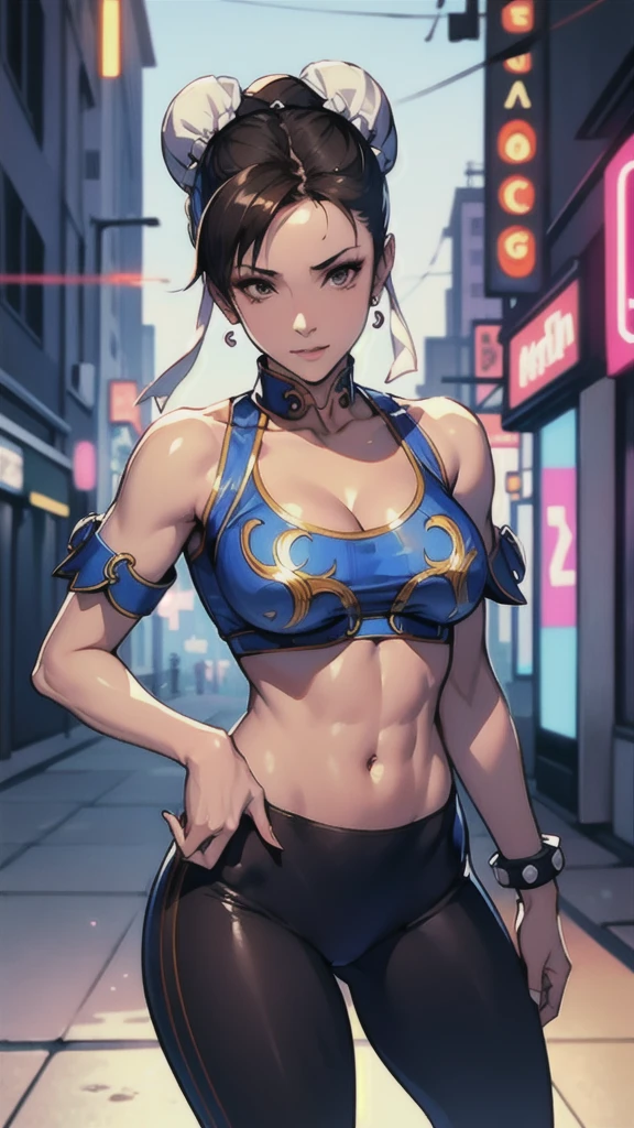 A masterpiece, high resolution, 4K,8K, perfect anatomy, bright blue top and black leggings, wearing long leggings on only right leg side, string panties, sweating, the background is a building advertisement with dazzling neon light, ((sexy body)) , ((sexy face Chun-Li)), Chun-li at the gym, athlete, street fighter of video game, extra digit, bad hands, 1girl, upper body, front view, stylish pose, looking at viewer, good applying makeup, medium breasts, cleavage, midriff peek and abs, glistening skin, nightclub background,Delete everything except the character