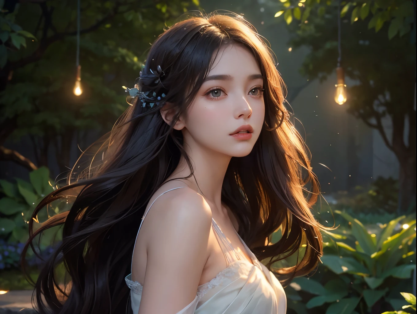 A beautiful young woman with striking features, delicate skin, and flowing hair gazing up at the night sky, full of stars. Detailed facial features, large expressive eyes, full lips. Wearing an ethereal, flowing dress that moves with a gentle breeze. Surrounded by a lush, dreamlike garden landscape with glowing fireflies and soft lighting. Mystical, magical, whimsical atmosphere. Ultra-detailed, 8k, photorealistic, dramatic lighting, warm color tones.