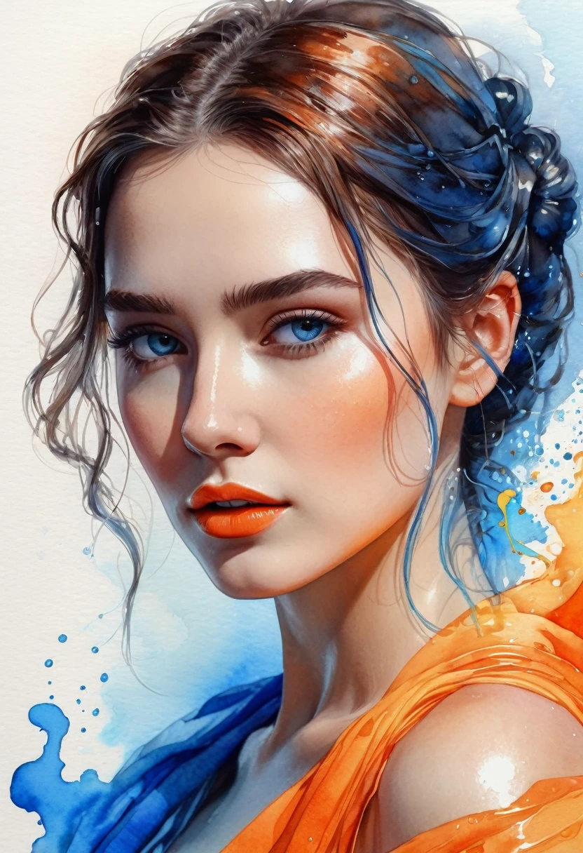 women beautiful neon fictional , ancient stories, High detail, portrait, light studio, colorful, high precision, strong, beautiful, classic, science, Renaissance, wet water color ink, color orange and blue, painting watercolor, ultra clear