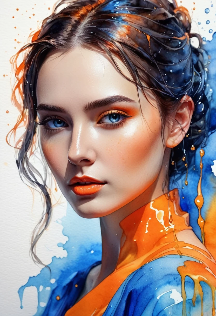 women beautiful neon fictional , ancient stories, High detail, portrait, light studio, colorful, high precision, strong, beautiful, classic, science, Renaissance, wet water color ink, color orange and blue, painting watercolor, ultra clear