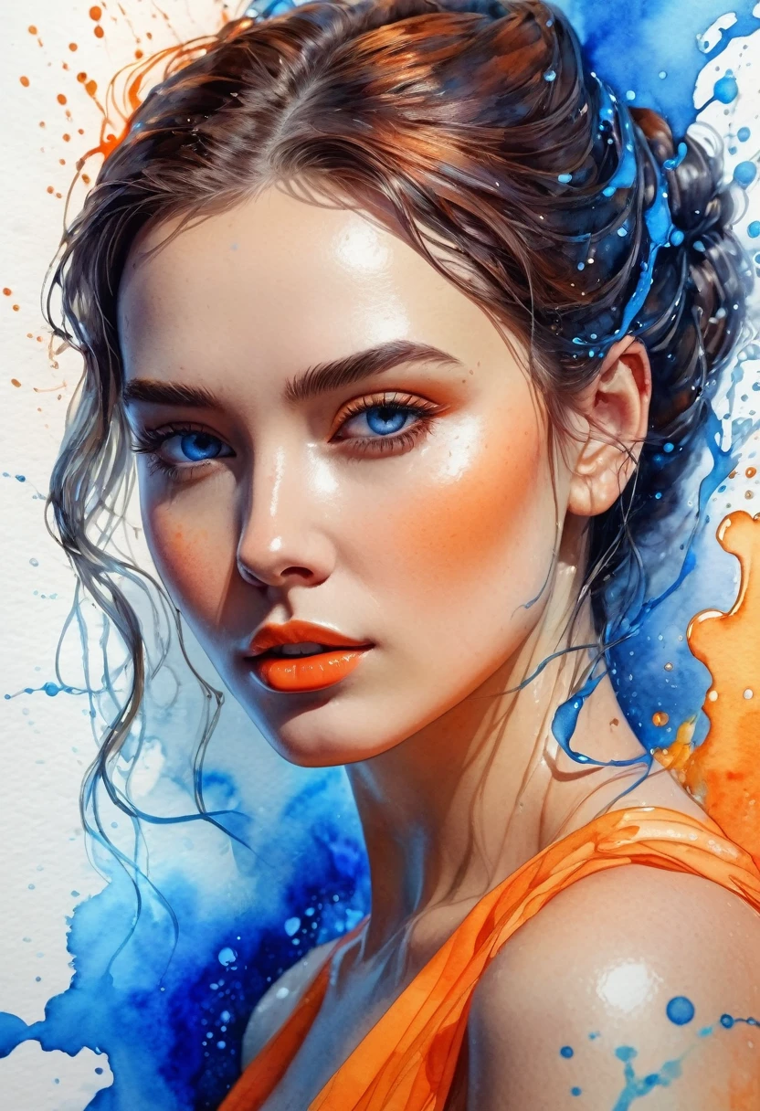 women  beautiful neon fictional , ancient stories, High detail, portrait, light studio, colorful, high precision, strong, beautiful, classic, science, Renaissance, wet water color ink, color orange and blue, painting watercolor, ultra clear