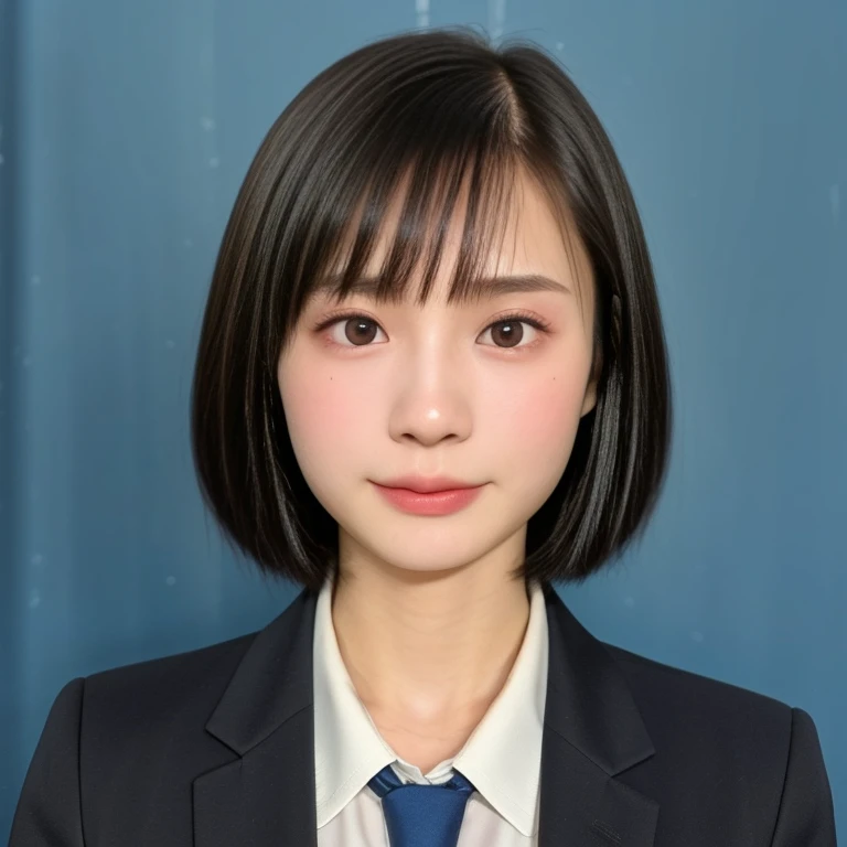 (kawaii 18 year-old Japanese girl, Nogizaka idol, Korean idol, highschool student), healthy female athlete body, (glossy black hair, very short hair, pixie cut, bangs:1.3), (rounded face, beautiful black eyes, single eyelid, no makeup, no expression:1.2), (wearing suit jacket, collared shirt, necktie:1.3), extra small breasts, (looking at viewer:1.2), BREAK, (simple blue background, yearbook background:1.3), (portrait, id photo, bust shot, view from vertically straight forward:1.3), BREAK, (masterpiece, best quality, photo realistic, official art:1.4), (UHD, 8K quality wallpaper, high resolution, raw photo, golden ratio:1.3), (shiny skin), professional lighting, physically based rendering, award winning, (highly detailed skin, extremely detailed face and eyes), Carl Zeiss 85 mm F/1.4, depth of field, 1girl, solo,