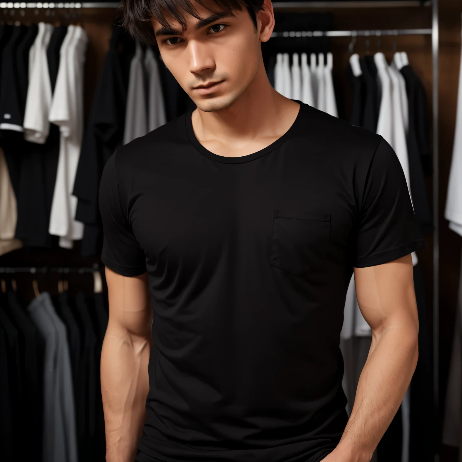 Man wearing a black cotton t-shirt with no details, fundo traders