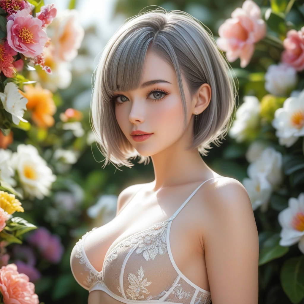 score_9, score_8_top, score_7_top, score_6_top, score_5_top, score_4_top, Full body portrait:1.7、A young and very beautiful woman turning around、Gray Hair_short cropped hair、Ideal body type、Ample breasts、Narrow waist、Firm buttocks、Beautiful and detailed back、Beautifully detailed eyes、Beautifully detailed face、Clear and detailed skin、Skimpy_Beige underwear、Fill the background with flowers、glowneon