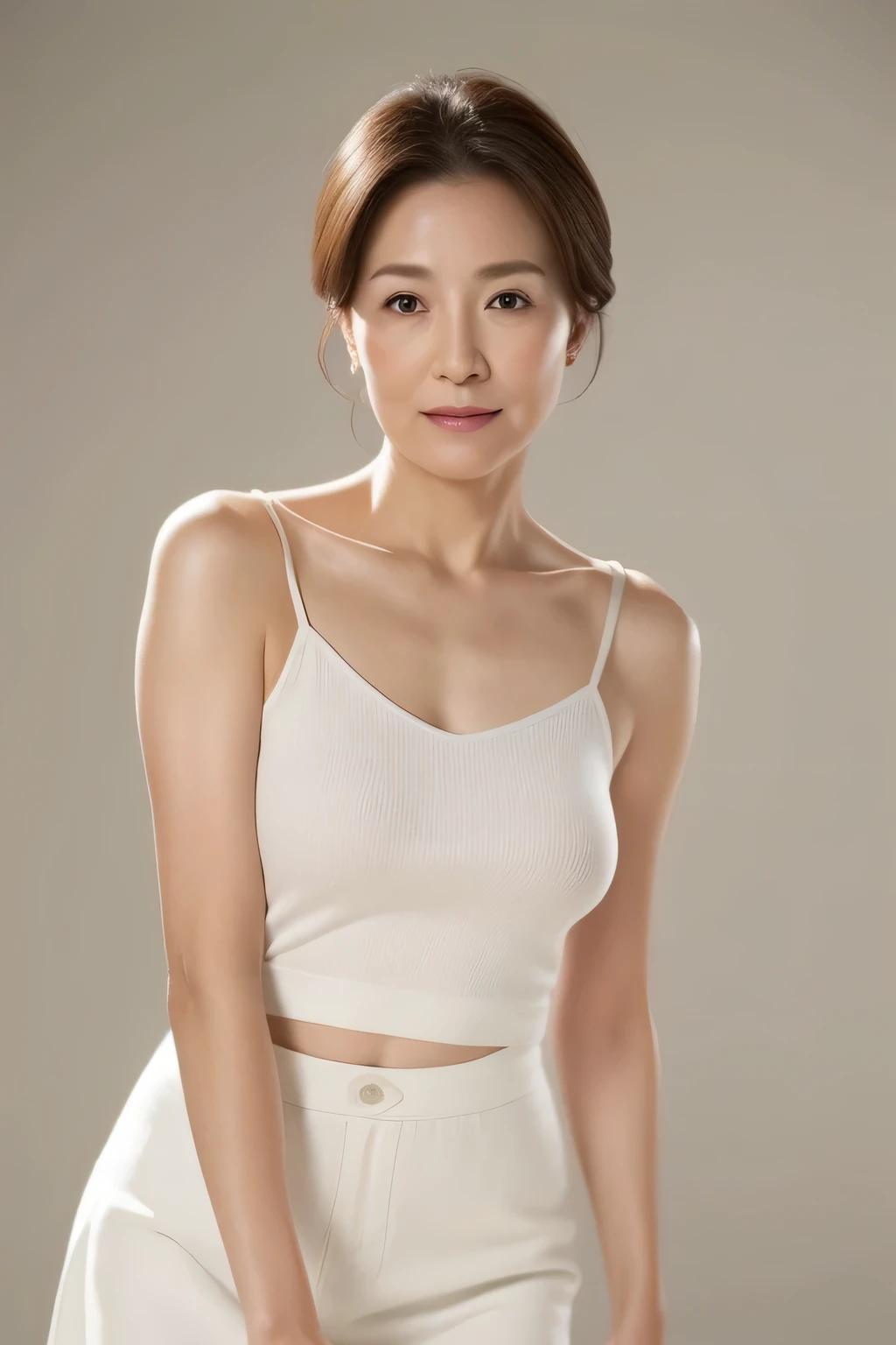 High resolution、high resolution、High definition、masterpiece、Textured skin、Anatomically very accurate、sharp、
Gray background,
((Japanese middle-aged、90 years old))、solo、((Facial wrinkles))、Shapely large breasts、Straight light brown hair reaching to the shoulders、Chubby body type,
(((Stand upright facing the center of the screen)))、Mouth closed, serious face, looking straight ahead、
White summer camisole、White summer skirt、((Cowboy shot from the knee))、