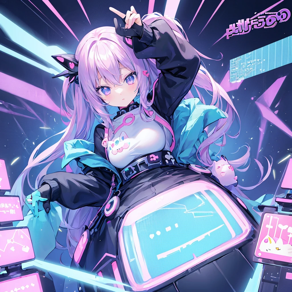 (Kawaii Character:1.4), Cyber Princess, She is immersed in cyber networks, (Special effects), masterpiece, Highest quality, Clear images, Clear images, Clear images, Unrealistic image, Highly detailed background,kawaii tech,
