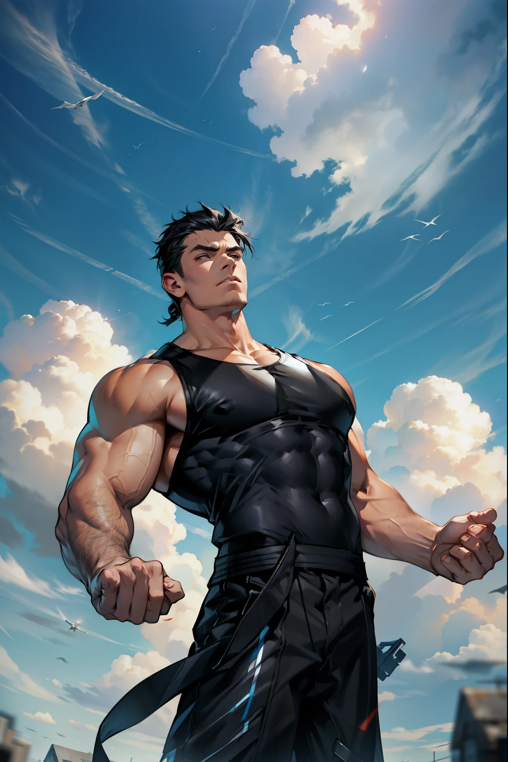 boys 26 Years old, Serious face, ((black singlets)), black pants, black hair, floating on air, levitate on sky, blue sky, cloud