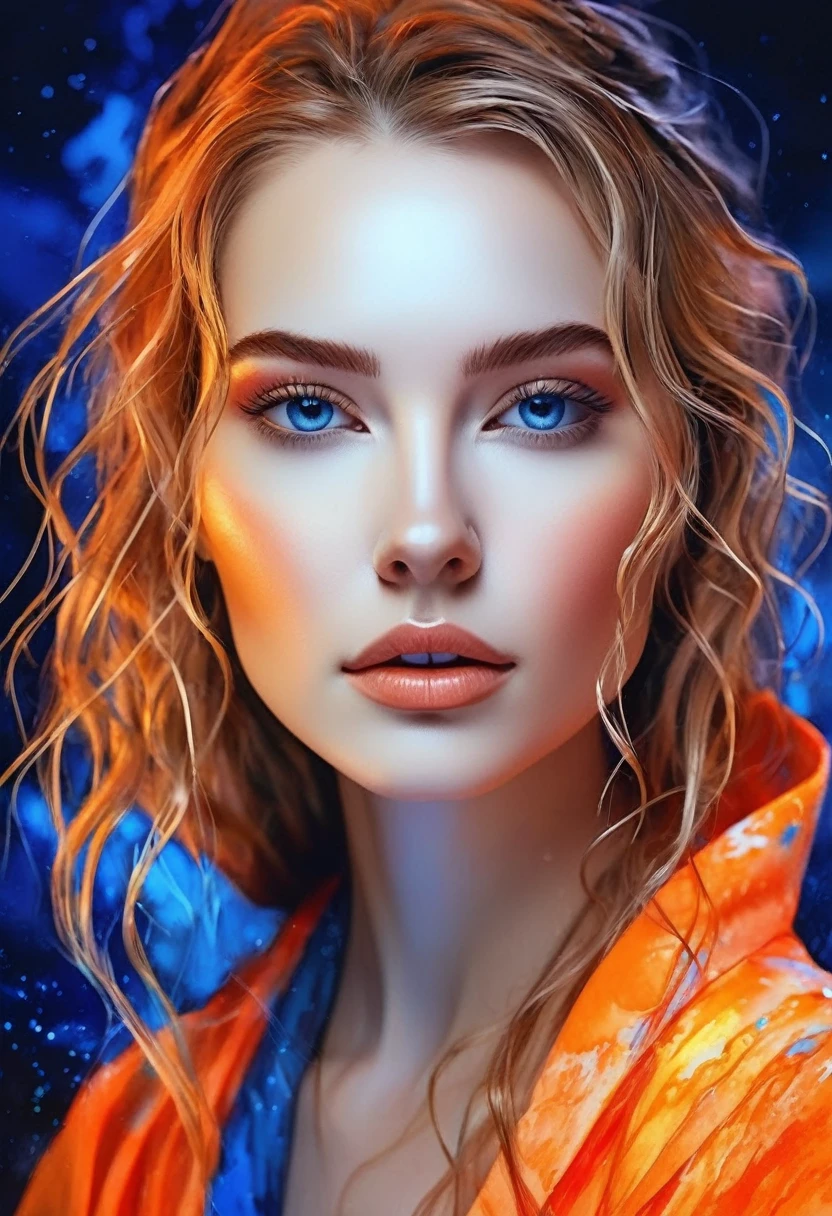 women beautiful neon fictional , ancient stories, High detail, portrait, light studio, colorful, high precision, strong, beautiful, classic, science, Renaissance, wet water color ink, color orange and blue, painting watercolor, ultra clear