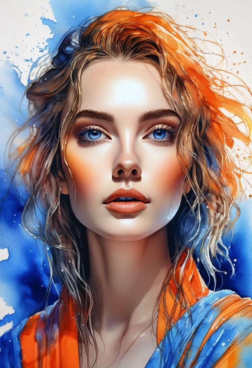 women beautiful neon fictional , ancient stories, High detail, portrait, light studio, colorful, high precision, strong, beautiful, classic, science, Renaissance, wet water color ink, color orange and blue, painting watercolor, ultra clear