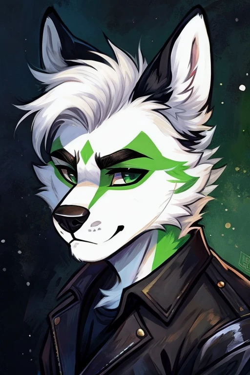 Create pictures of a furry wolf. It is black, its ears are green, and there is white hair between its ears. Its eyebrows are circles and lines under its eyes. It wears white leather clothes and carries a we