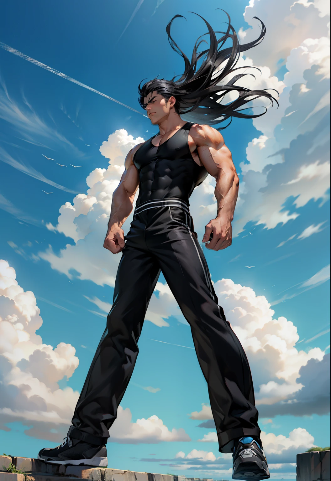 boys 26 Years old, Serious face, muscular, ((black singlets)), black pants, black hair, floating on air, levitate on sky, blue sky, cloud