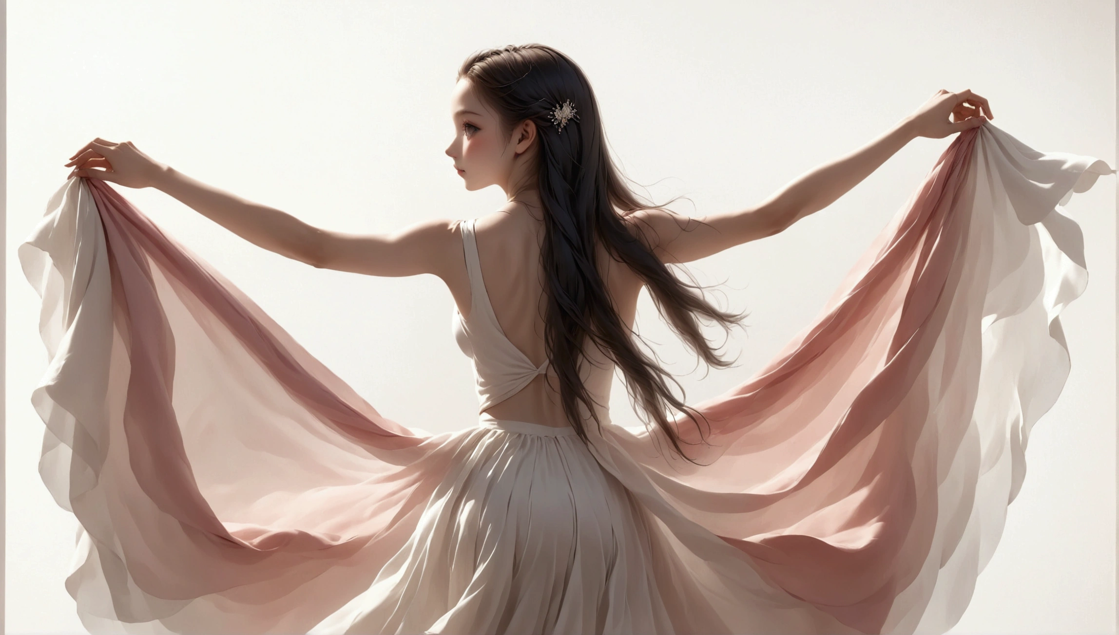 Dance photography；A dancer，Solitary；A dancing little girl；Long skirt，Plain style，Gray pink and white gradient，Traditional style，Smudged skirt hem；The movements of the dance；elegant，Flexible skirt；Long hair，Long hair披肩。（（Full body panorama 1.5）），front； Simple style；Minimalism。White background，Pure white background；Panoramic photography；Depth of Field, Extraordinary details, masterpiece, high quality, 4K，cinematic lighting, motion blur, depth of field, sparkle, ray tracing, reflection light, anatomically correct, uhd, textured skin, best quality, super detail, highres, high details, accurate, high quality, award winning