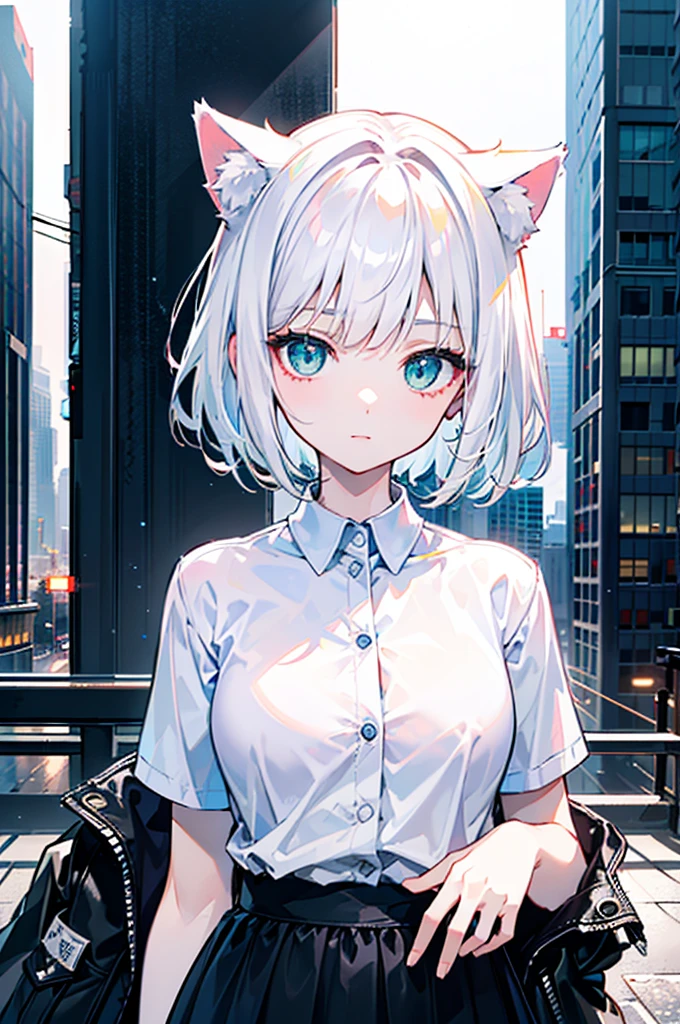 1人of少女, solo, , ,(night_null), (short_length_white_hair), short, (green_eye), Moderate_chest, (white_shirt:1.5), (Cat ear), (黒ofパーカー), (Portrait), Shine_eye, background_Light, (Cityscape:1.5), (neon_Lights:1.2), ((masterpiece)), (there is nothing), (Highest_quality), (very_detailed), (original),(Delicate background),(Very detailed 8k wallpaper),cinematlic Lighting, Volumetric Lighting, Light Particle, 陰影ofある_face, beautiful_detailed_eye, depth_of_Field、point of view、