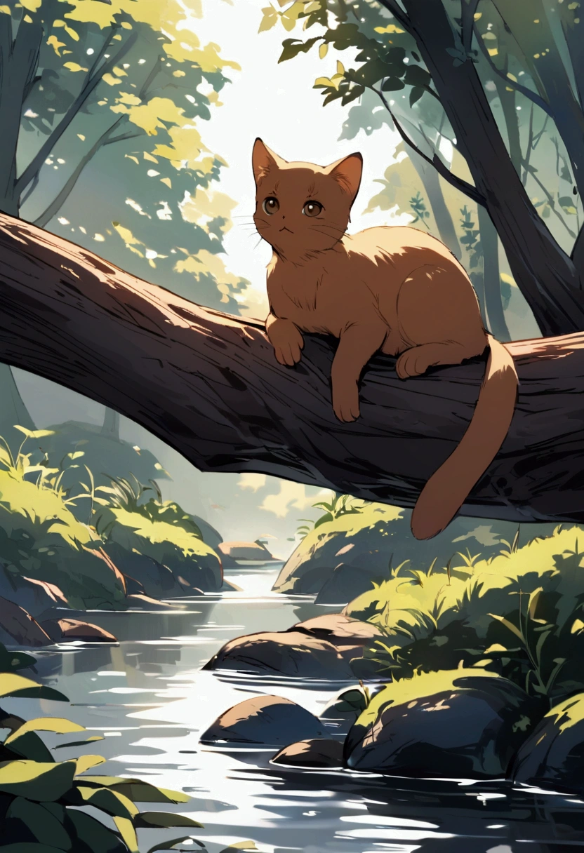 Daytime　A brown kitten on a log floating down a beautiful gentle river　Not anthropomorphic　I don't need a person