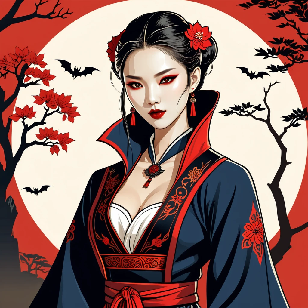 female vampire in korean folk outfit ,vector graphics, strong contours, logo design